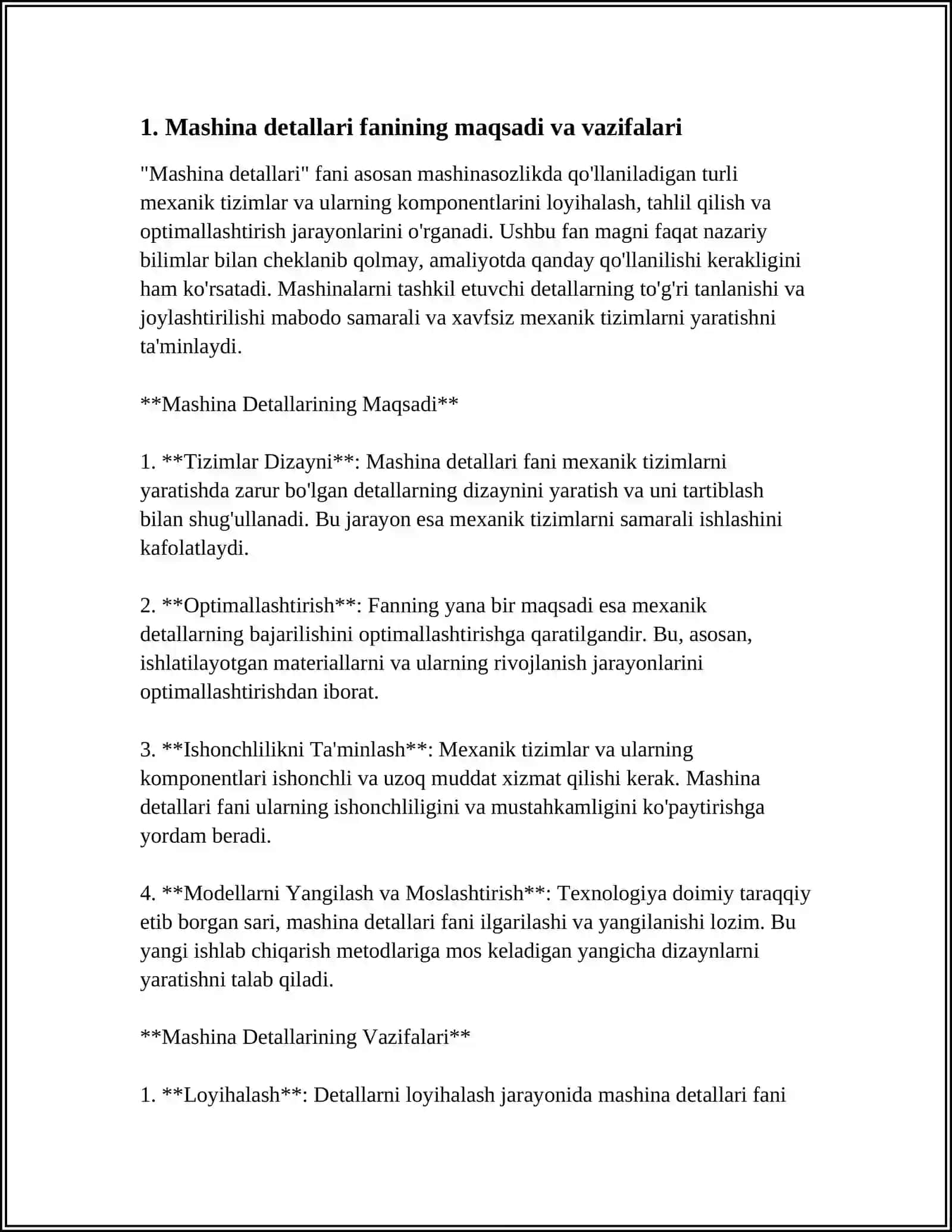MASHINA DETALLARI FANINING MAZMUNI, MAQSADI VA VAZIFALARI MUSTAQIL ISH 3