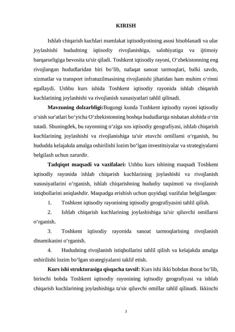 Toshkent iqtisodiy rayonida ishlab chiqarish kuchlarining  joylashishi va rivojlanish xususiyatlari. 3