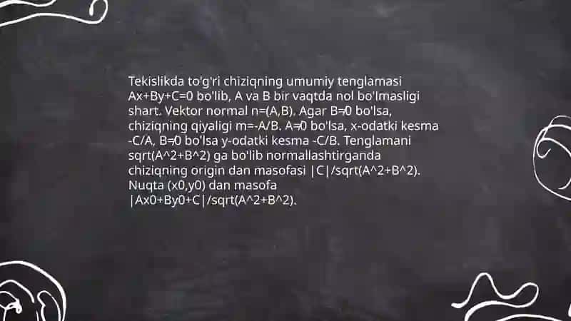 tekislikda togri chiziqning kesmalar boyicha normal tenglamalari nuqtadan togri chiziqgacha bolgan masofa ikki nuqtadan otuvchi togri chiziq tenglamasi 3