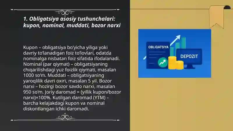 Obligatsiyaning kutilgan va joriy daromad darajasini hisoblash 3