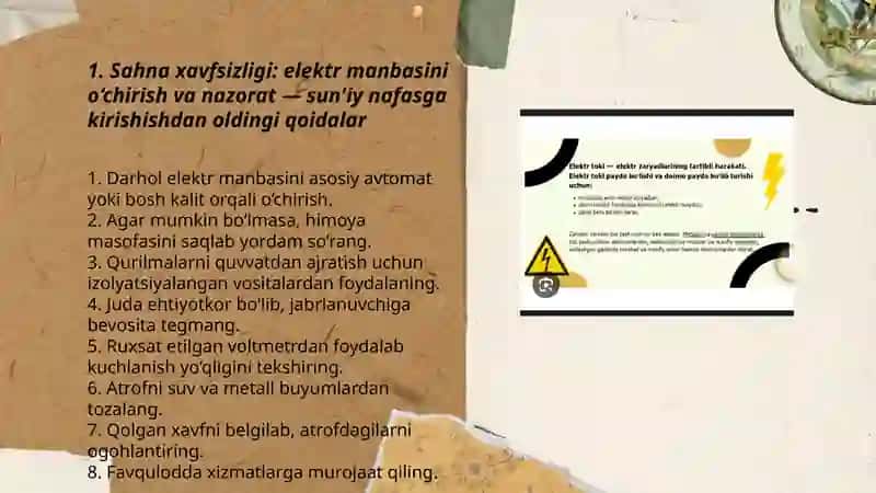 Elektr tokidan shikastlanganda sun'iy nafas oldirishga amal qilinadigan qoidalar 3
