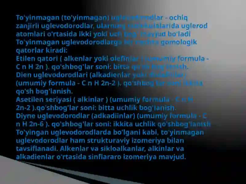 To‘yinmagan uglevadarodlar.  Alkenlar nomenklaturasi. Gomologiklar manbalari. Labaratoriya va sanoatda olinishi. Fizik va kimyoviy xossalari . Morkovnikov qoidasi 3
