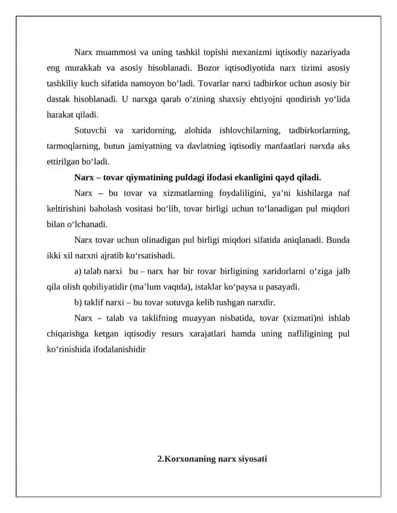Korxona mahsulotlariga narxni shakllanishi 3