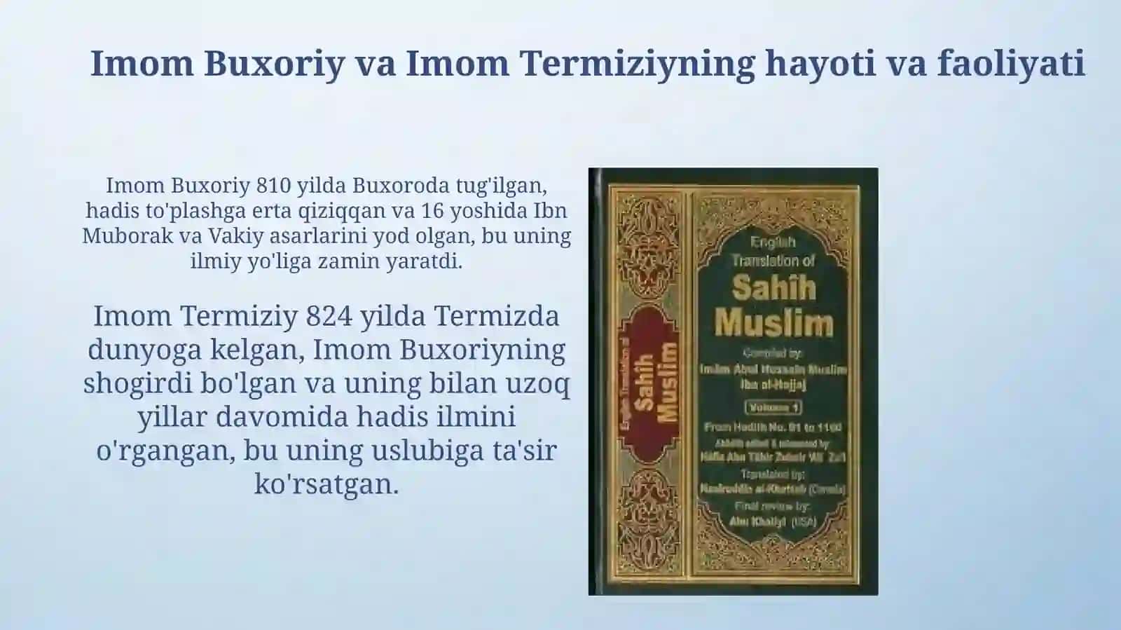 Imom Buxoriy va Imom Termiziyning hadis ilmiga qoʻshgan hissalariniqiyosiytahlili 3
