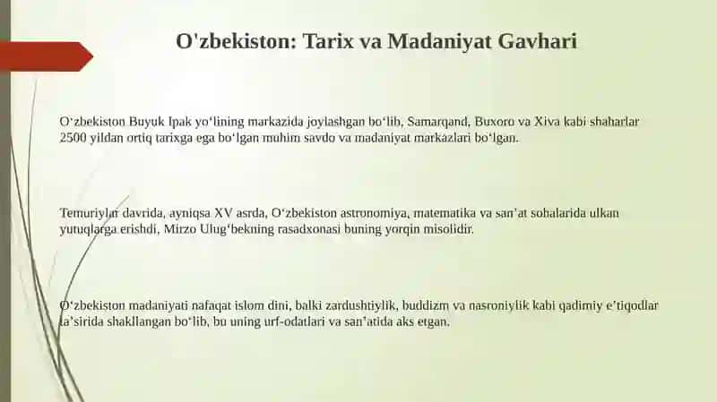 O'zbekiston: Tarix va Madaniyat Gavhari 3