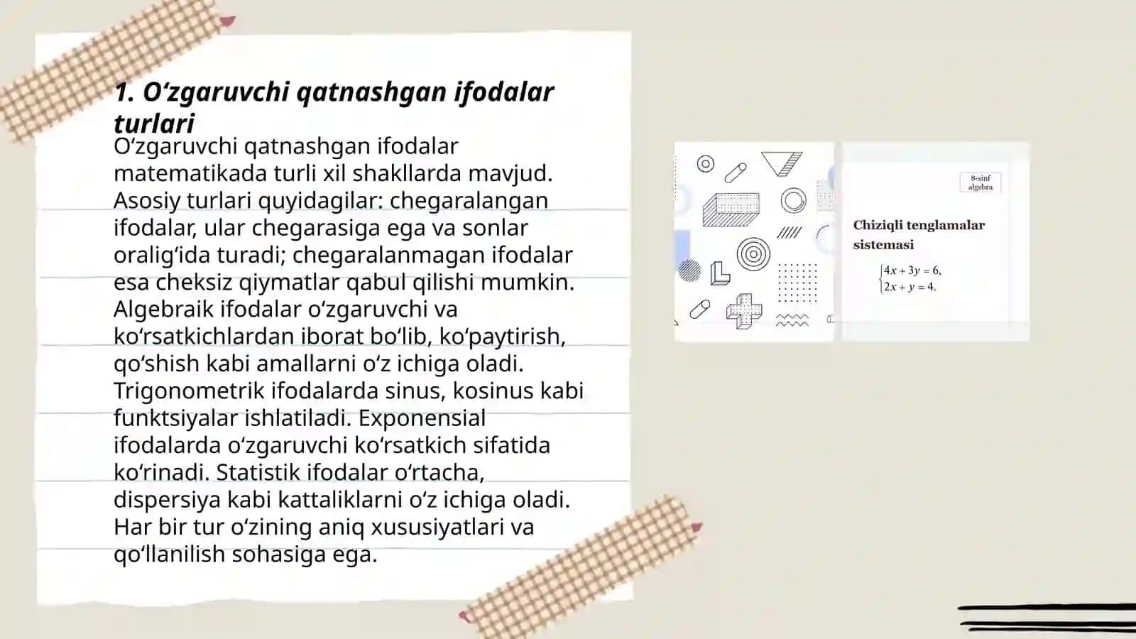 O‘zgaruvchi qatnashgan ifoda.Tenglik va tengsizlik.Sonli tenglik,tengsizlik va uni yechishga o‘rgatish metodikasi 3