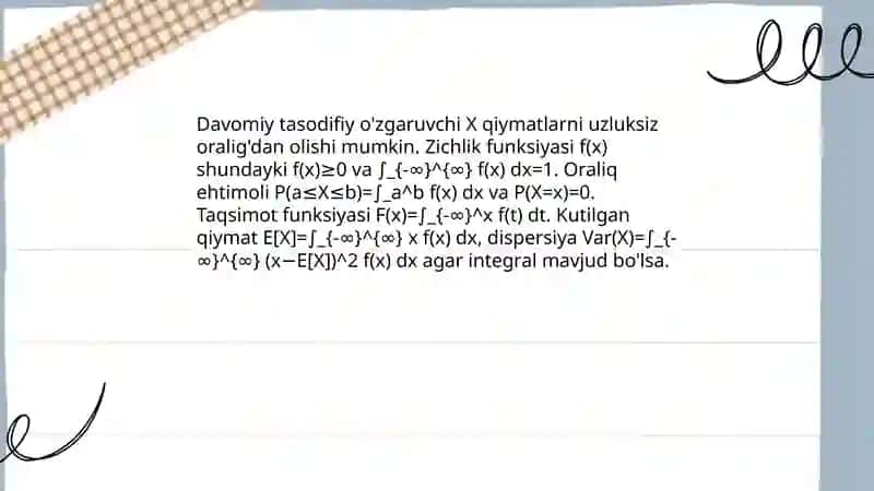 Oraliqli ehtimolliklar-davomiy tasodifiy o'zgaruvchilarda ehtimollik hisoblash 3