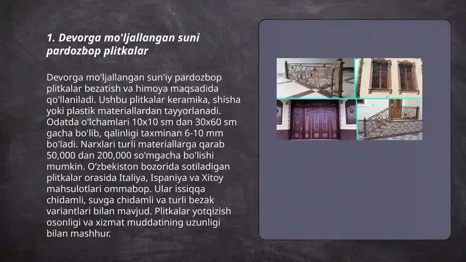 devor va pollar uchun suniy pardozbop plitkalarning turlari 3