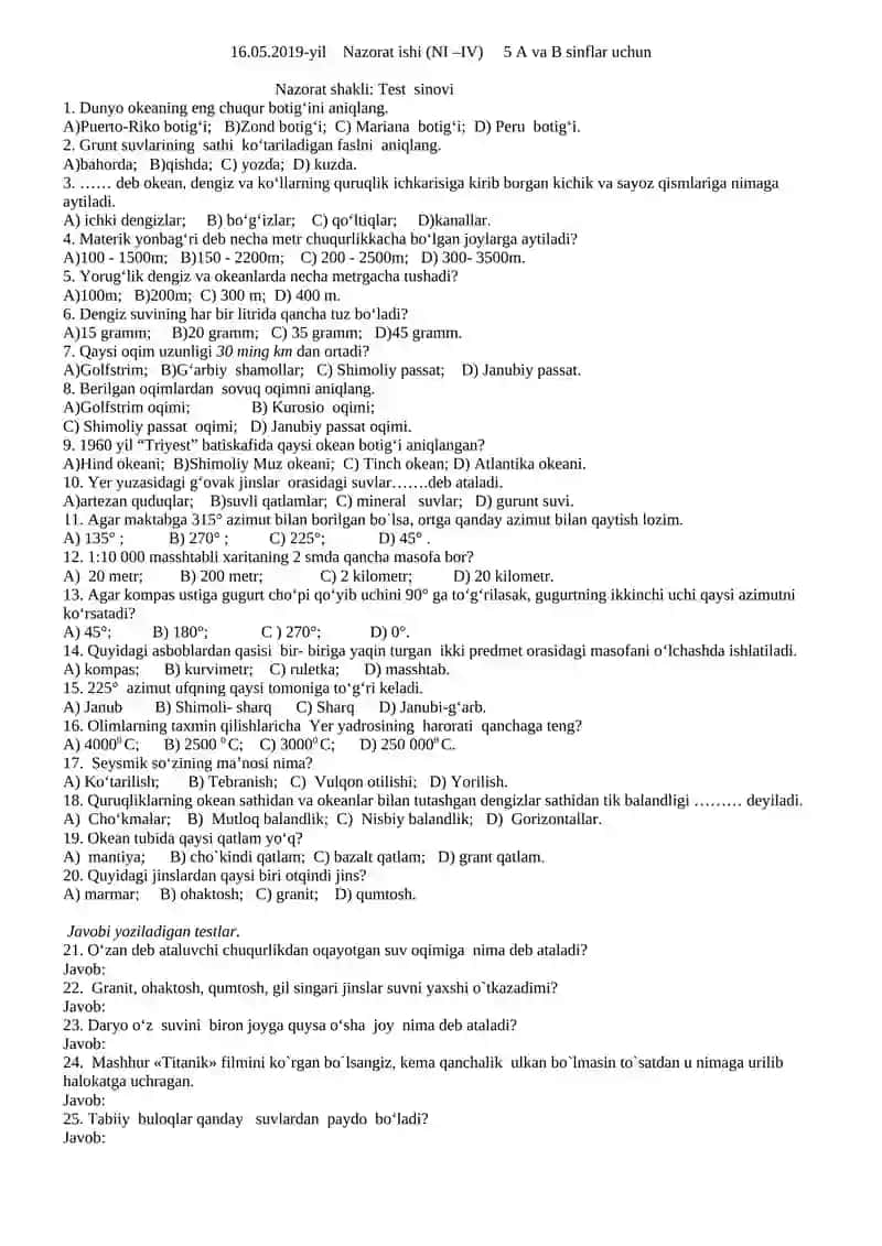 5-SINF “TABIIY GEOGRAFIYA BOSHLANG‘ICH KURSI” YILLIK NAZORAT ISHLARI 3