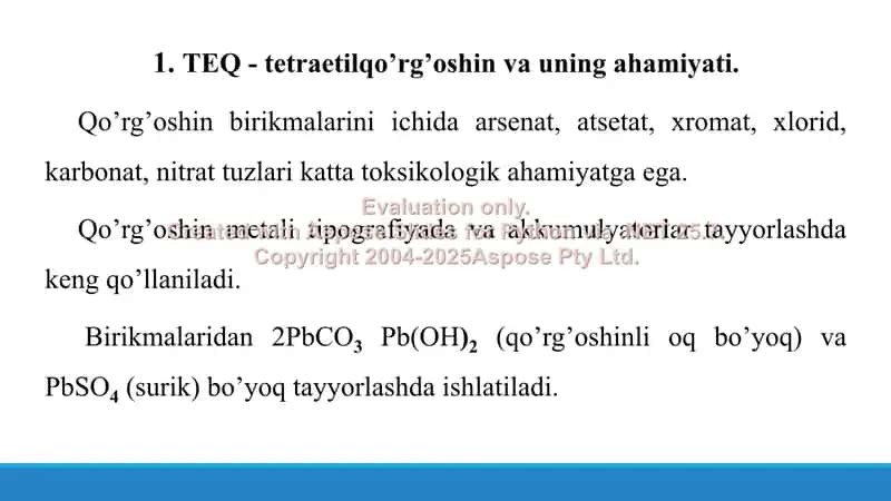 10. Tetraetilqo'rg'oshin. Toksikologik ahamiyati, ashyoviy dalillardan ajratib olish va tahlil usullari. Taqdimot 16 bet 3