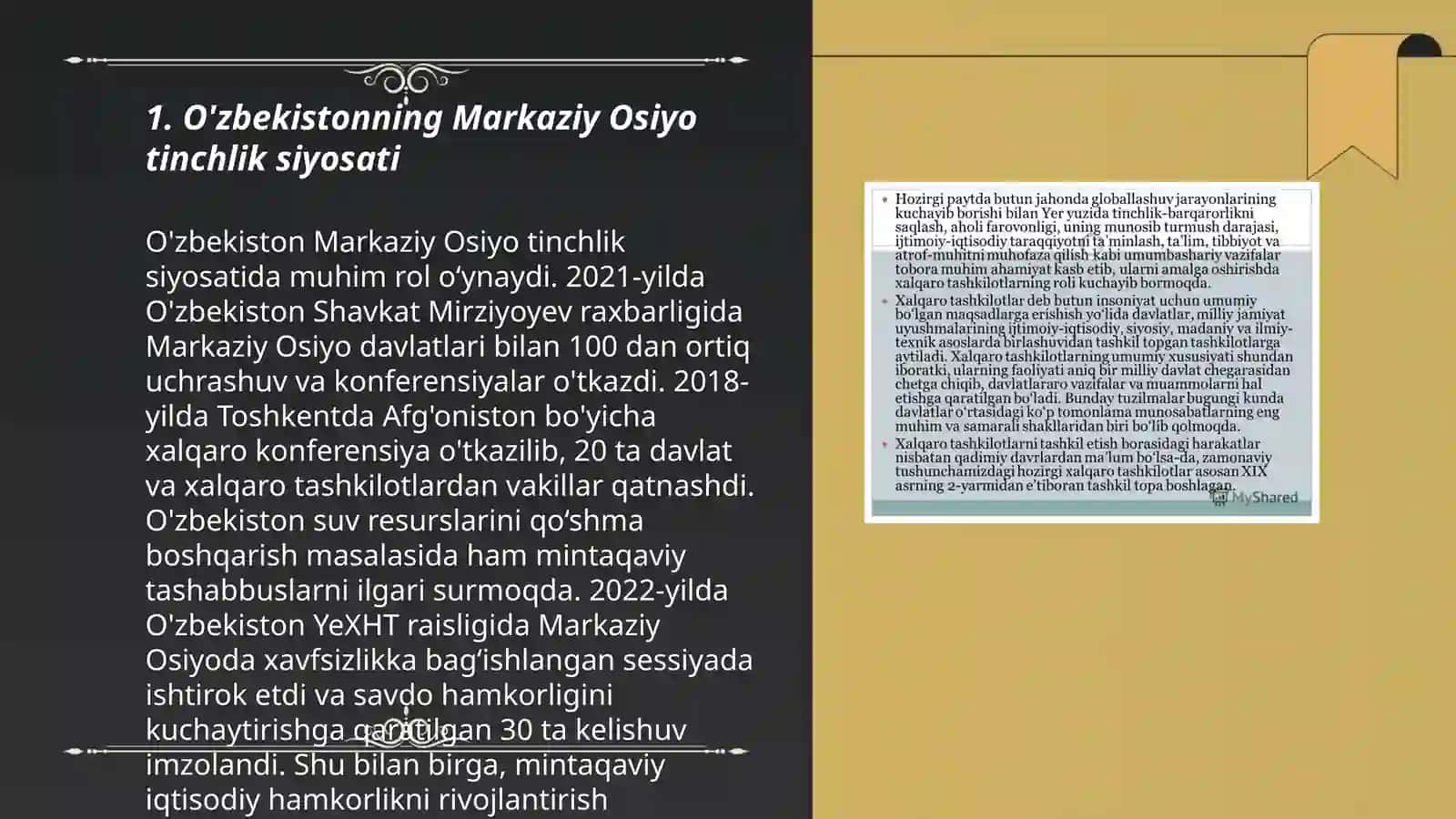 O'zbekistonnin Markaziy Osiyoda tinchlik va barqarorlikni taminlashdagi o'rni 3