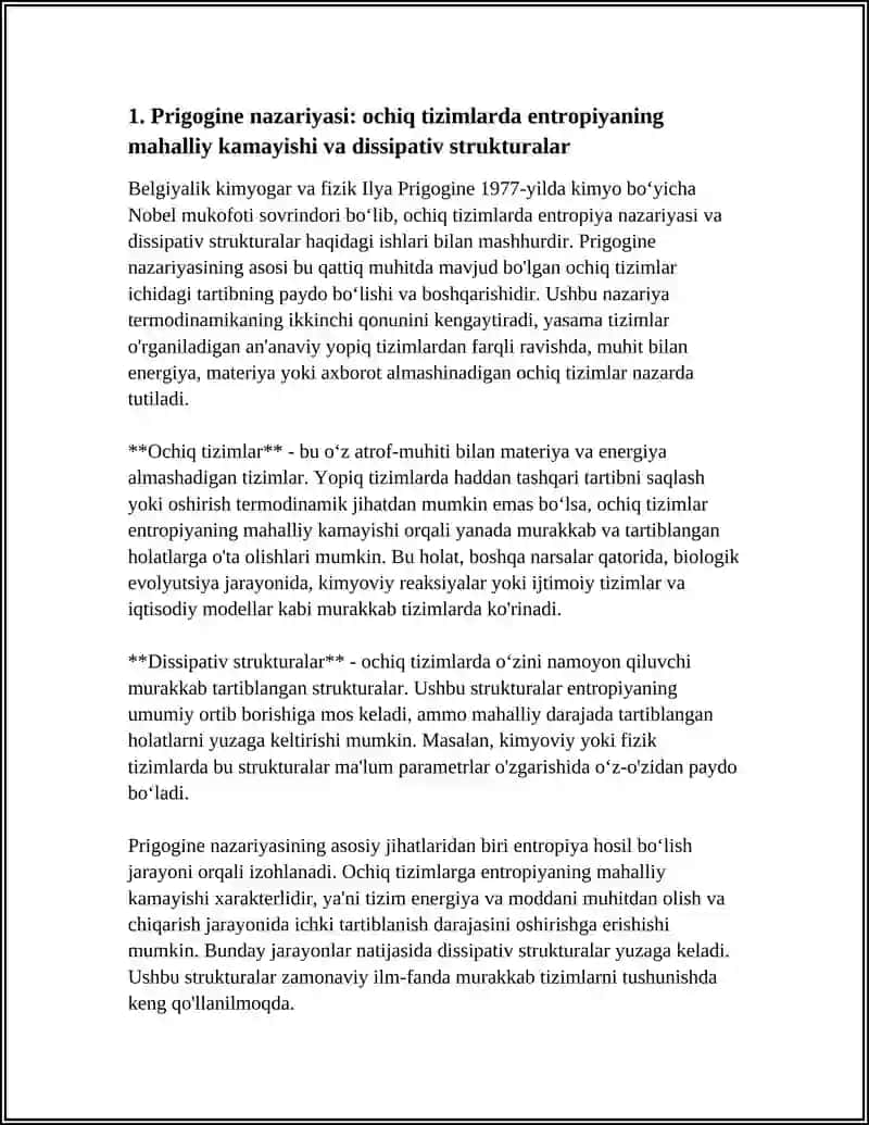 OCHIQ TIZIMLARDA ENTROPIYANING LOKAL KAMAYISHI.DISSIPATIV STRUKTURALAR 3
