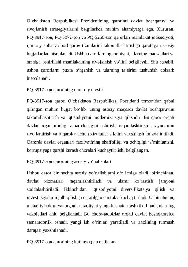 O‘zbekiston Respublikasi Prezidentining PQ-3917-son,  PQ-5072-son va PQ-5250-son Qarorlarining mohiyati. 3