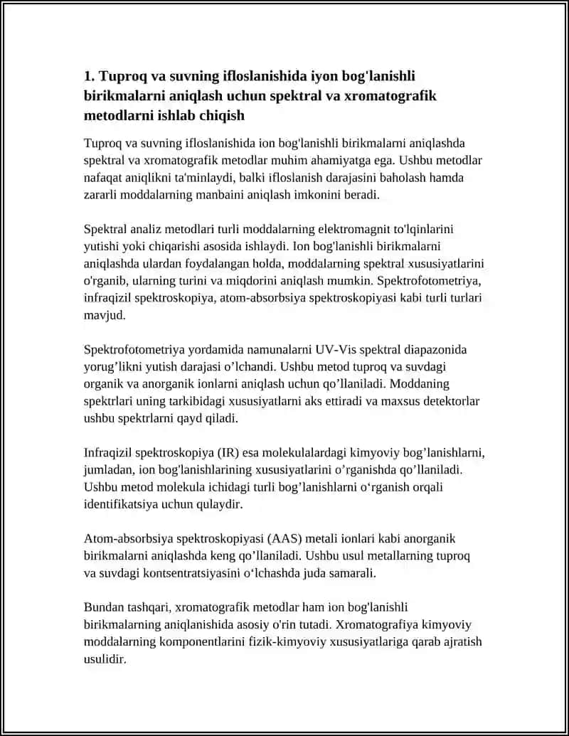 Tuproq va suvning ifloslanishida iyon bog'lanishli birikmalarni aniqlash uchun spektral va xromatografik metodlarni ishlab chiqish 3