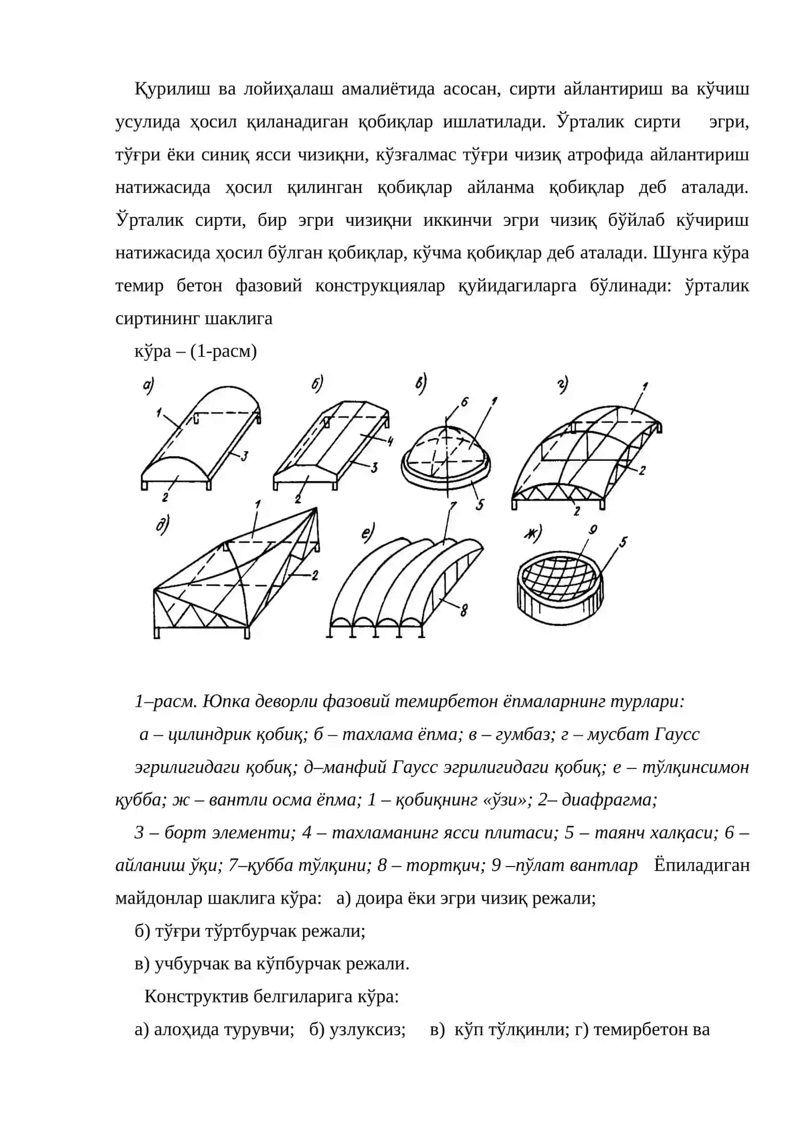 Yupqa devorli fazoviy tom yopmalar, yupqa devorli fazoviy konstruksiyalar, egrilik sirtlari to'g'risida umumiy ma'lumotlar 3