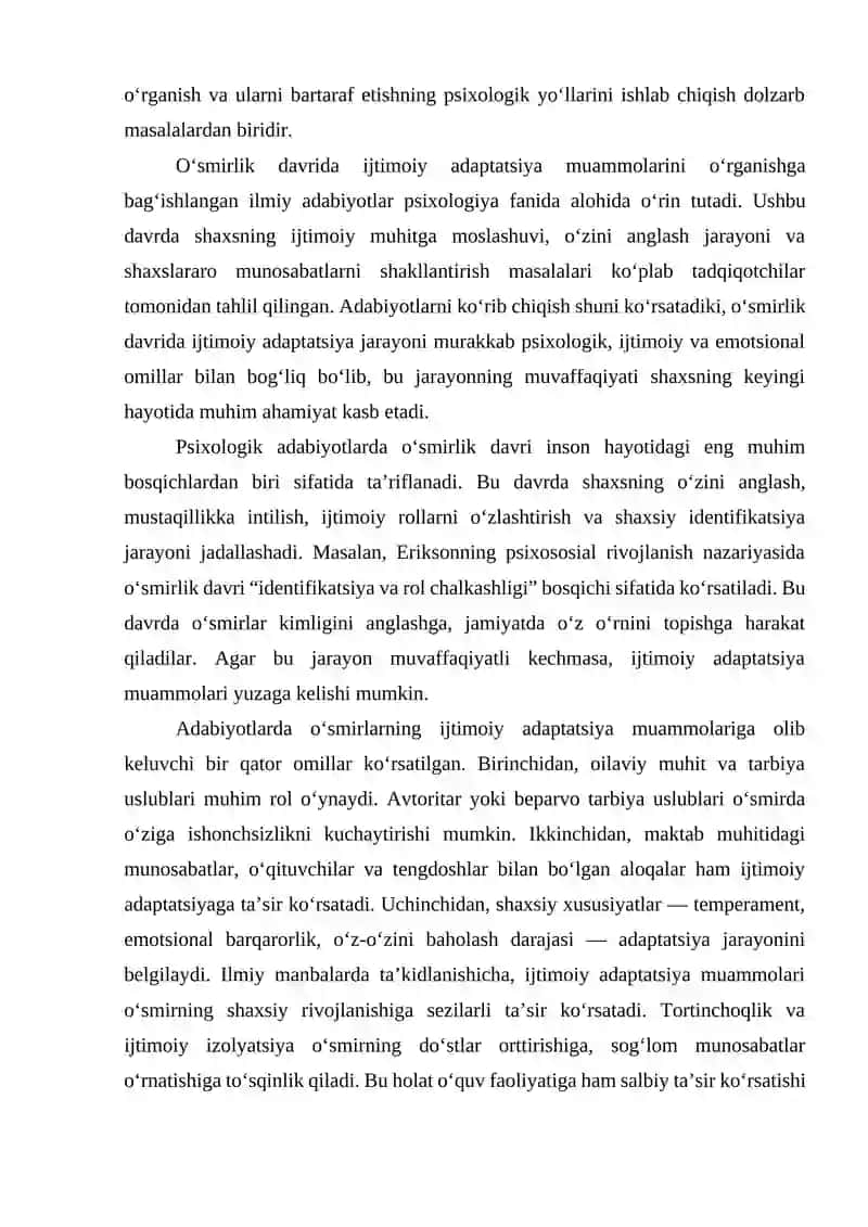 Oʻsmir Psixologiyasida Ijtimoiy Adaptatsiya Muammolari 3