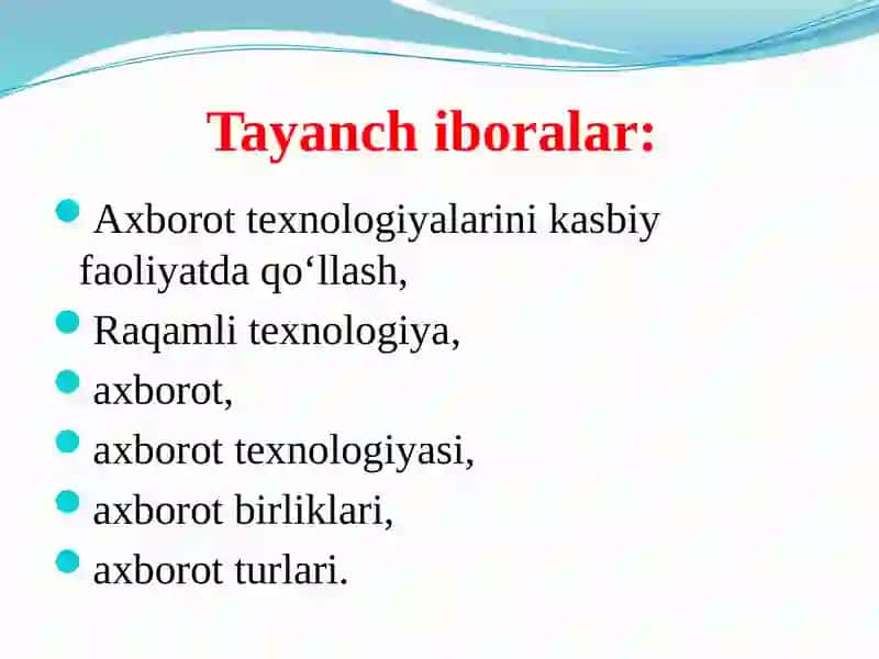 Axborot texnologiyalarini kasbiy faoliyatda qo‘llash fanining predmeti, maqsadi va vazifalari (TAQDIMOT) 3
