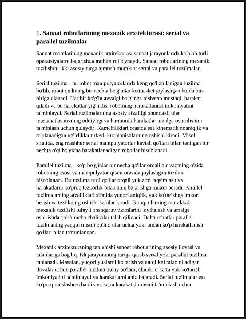SANOAT ROBOTLARI ARXITEKTURASI: MEXANIK TUZILISH, AKTUATORLAR VA BOSHQARUV BLOKLARI 3
