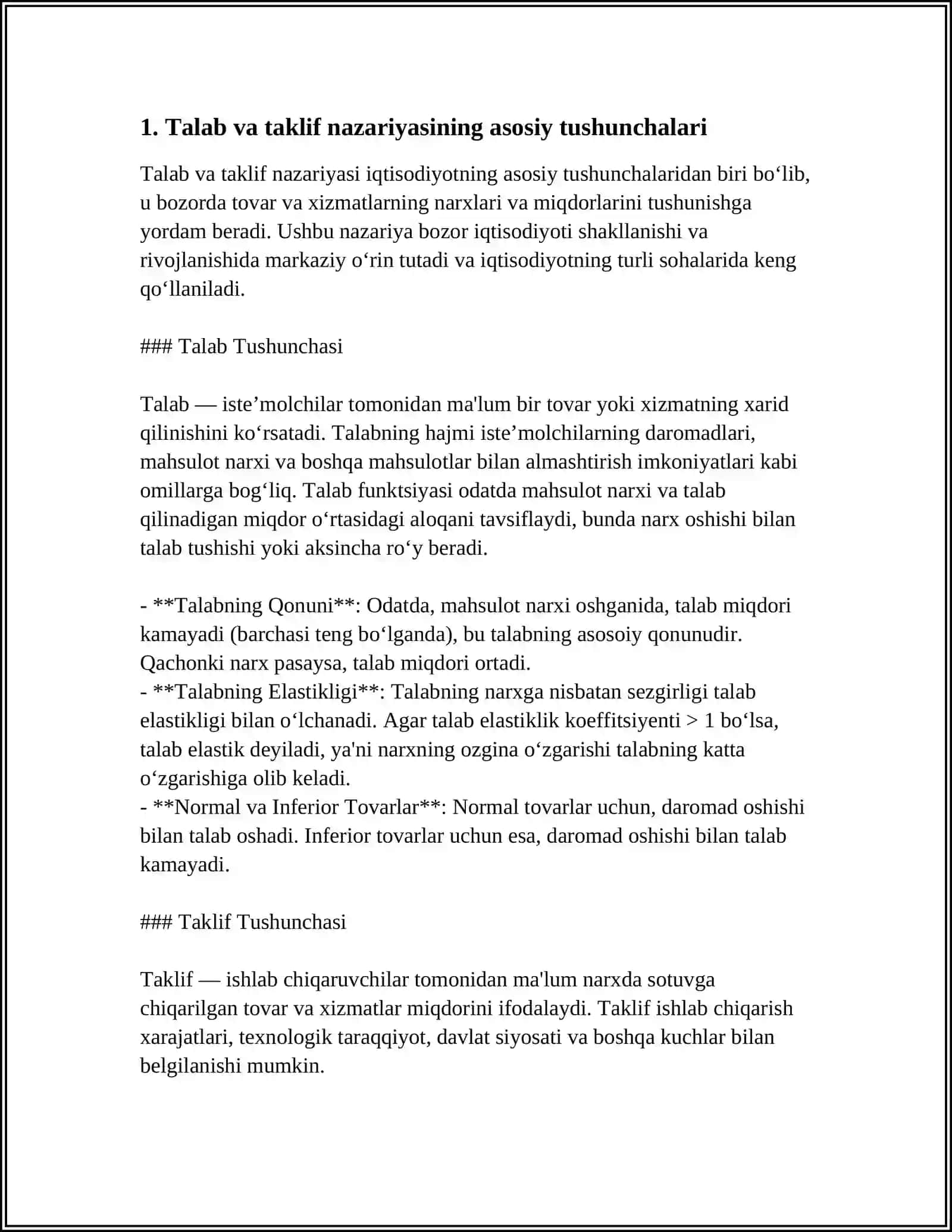 TALAB VA TAKLIF NAZARIYASI. BOZOR MUVOZANATI 3