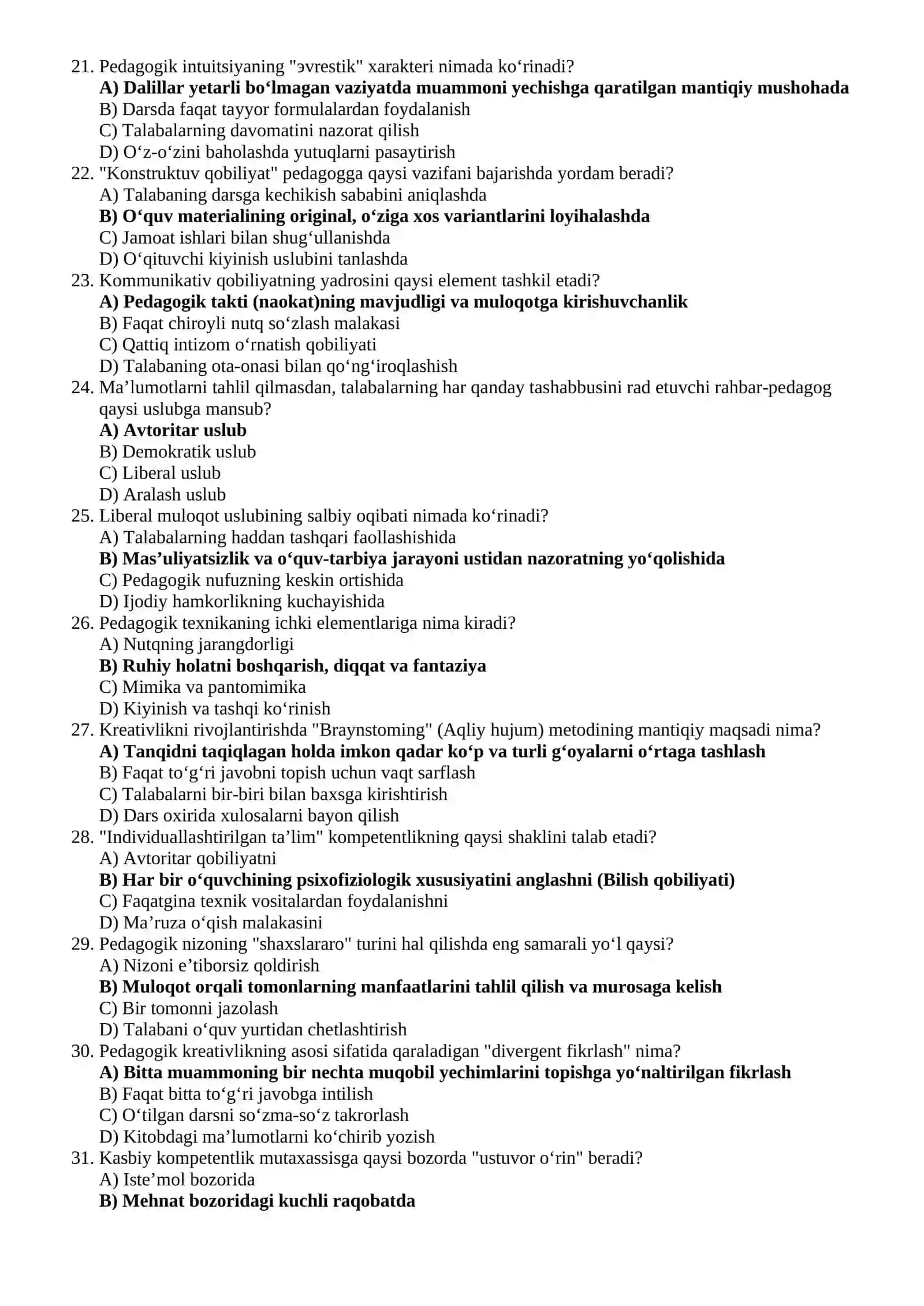 Toifa Attestatsiyasi uchun Pedagogik kompetentlik va kreativlik asoslari bo‘yicha mantiqiy-tahliliy testlar banki (Javoblari bilan.) 3