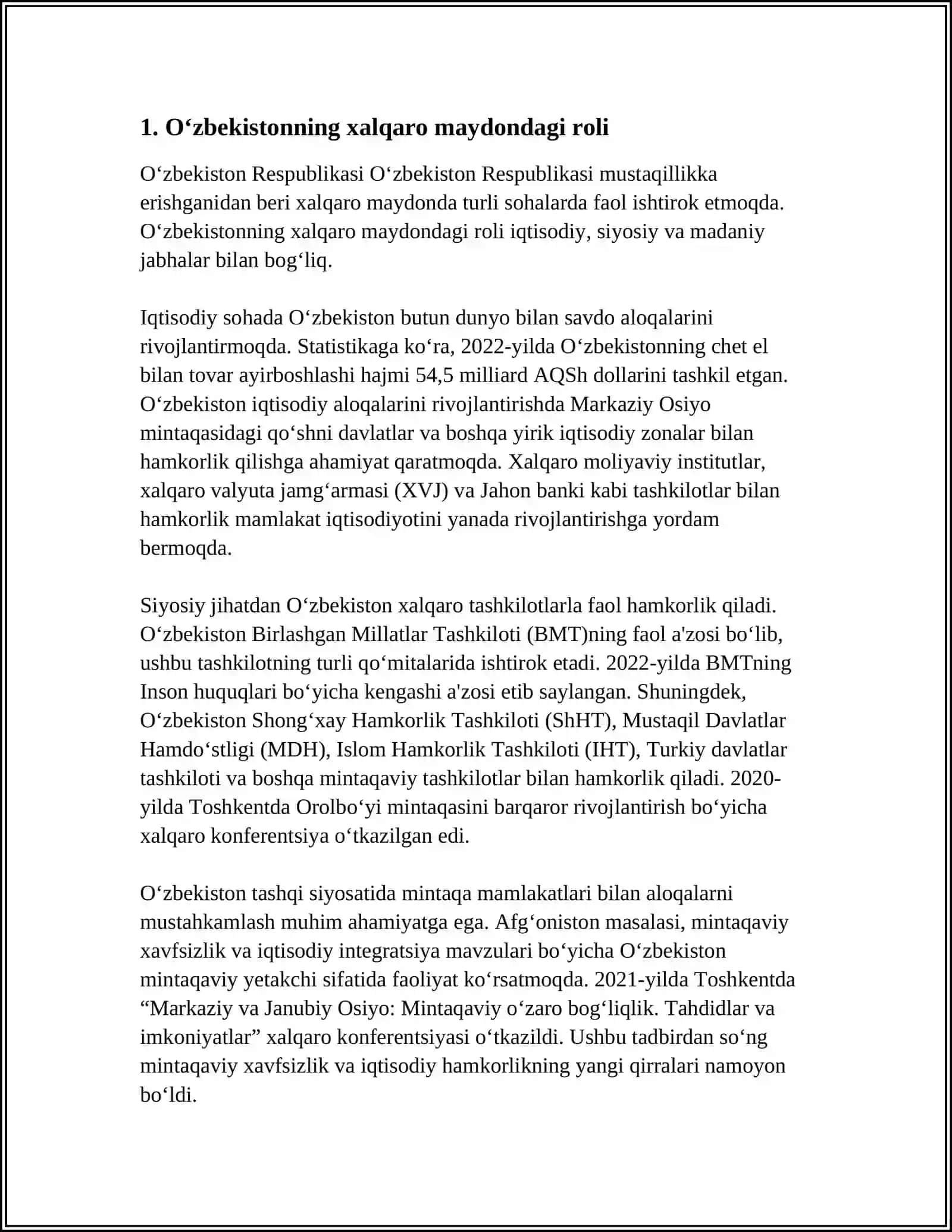 MUSTAQIL ISH Mavzu: OʻZBEKISTON VA JAHON HAMJAMIYATI 3