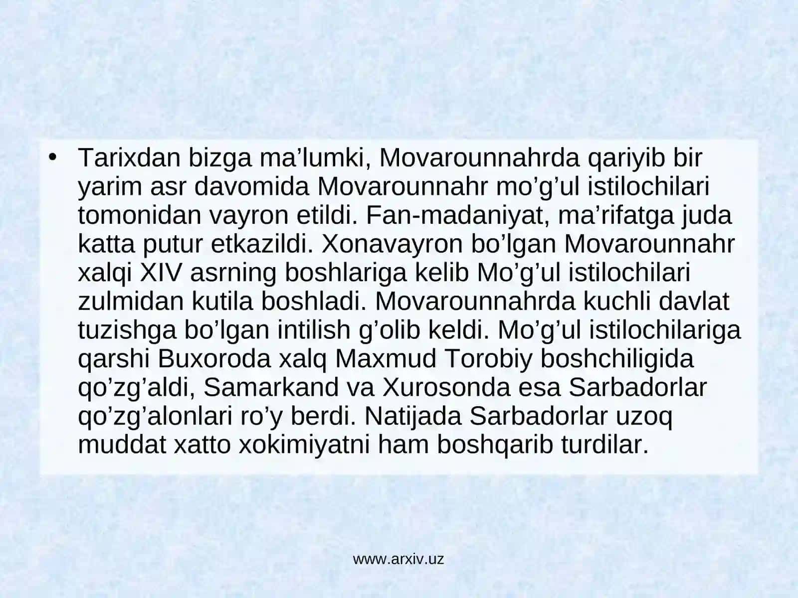 ХIV аsrning ikkinchi yarmi va ХVI аsrda Movarounnaxrda tarbiya, maktab va pedagogik fikrlar rivoji. ХIХ аsrning 2-yarmi - XX аsrning 1-choragida Тurkiston o’lkasida tarbiya, maktab va pedagogik fikrlar 3