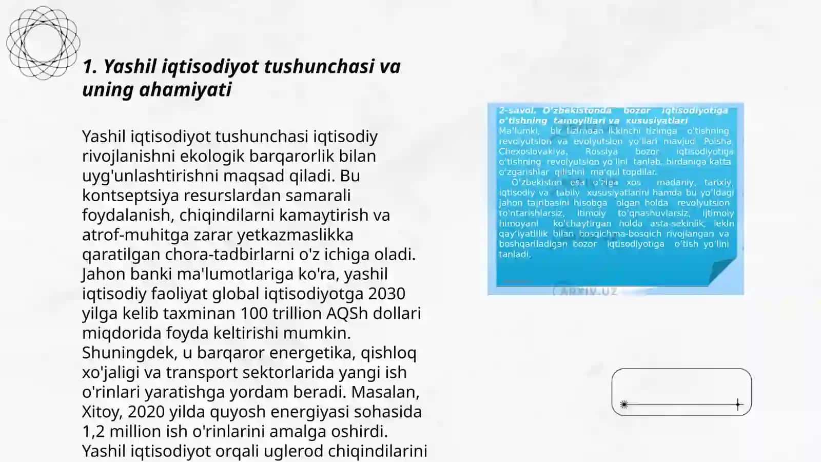 Yashil iqtisodiyotga o'tishning zaruriyati tamoyillari va dastaklari slayt 3
