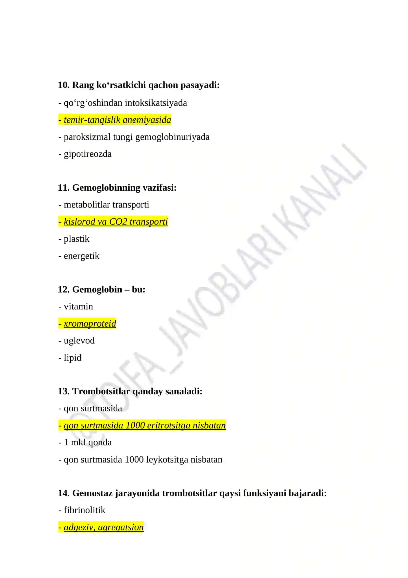 Klinik laboratoriya diagnostikasi mutaxasisiligi bo’yicha test savol javoblari bilan 3