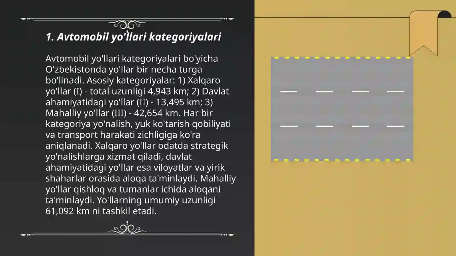 Avtomobil yo'llari, yo'l elementlari va ularni toifalar bo'yicha taxlili 3