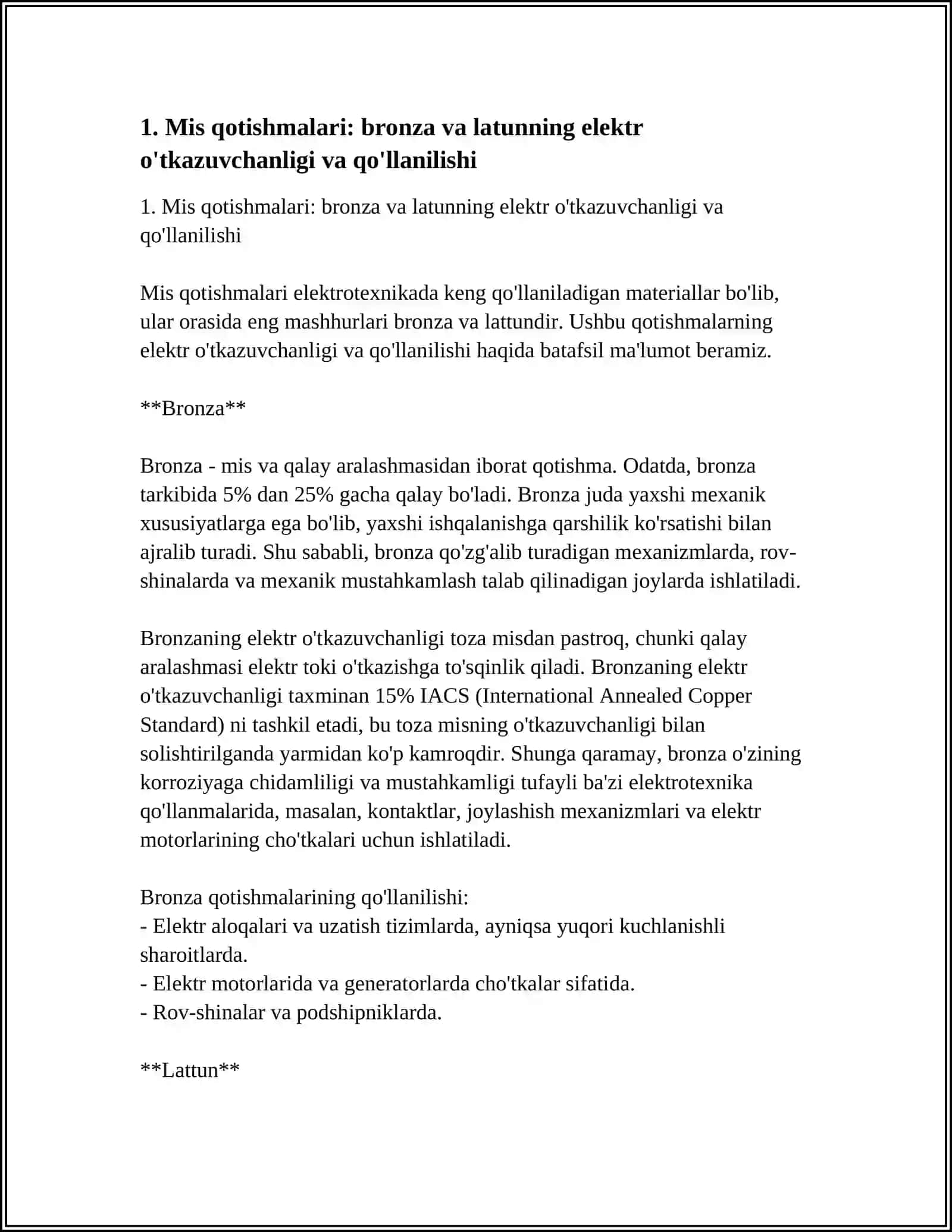 MIS QOTISHMALARI: BRONZA VA LATTUNNING ELEKTR O'TKAZUVCHANLIGI VA QO'LLANILISHI 3