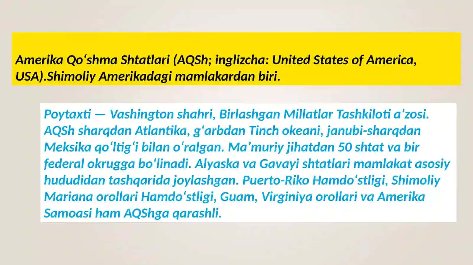 SHIMOLIY AMERIKADA DAVLATLARI. AQSH 3