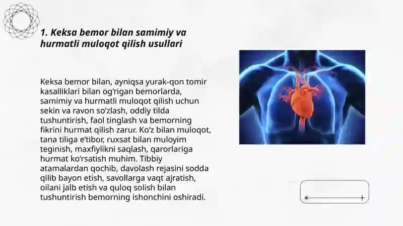 Keksa yoshdagi yurak qon tomir kasalliklari bilan oĝrigan bemor bilan muloqot 3