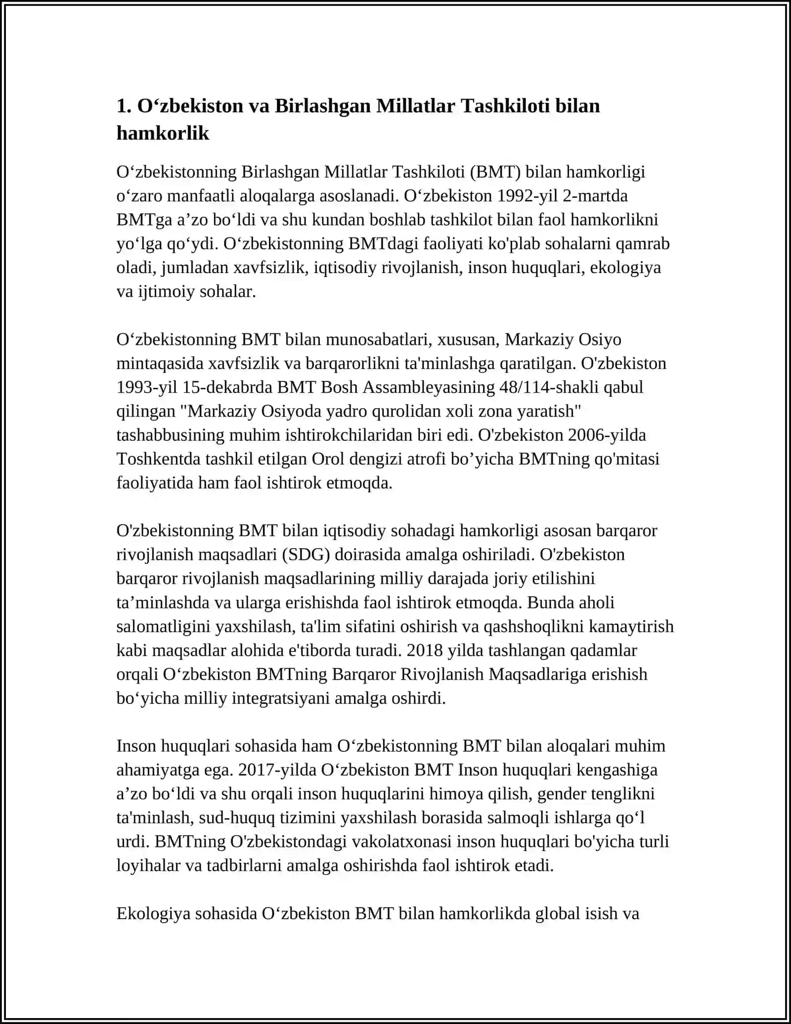 OʻZBEKISTONNING XALQARO TASHKILOTLAR BILAN HAMKORLIK ALOQALARI 3