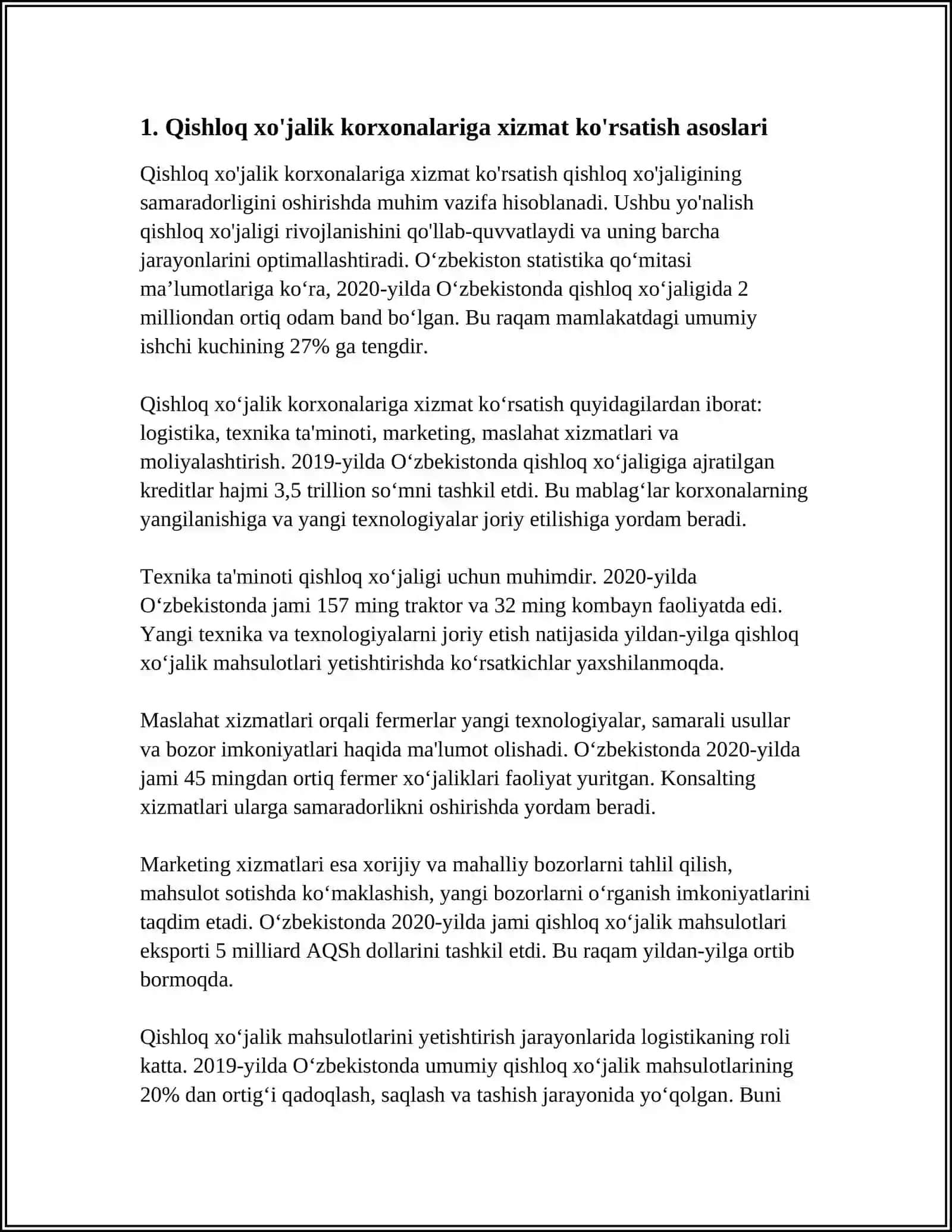 BIZNES SAMARADORLIGINI BOSHQARISHDA QISHLOQ XOʻJALIK KORXONALARIGA XIZMAT KO'RSATISHNI BIZNES ASOSIDA TASHKIL ETISH 3