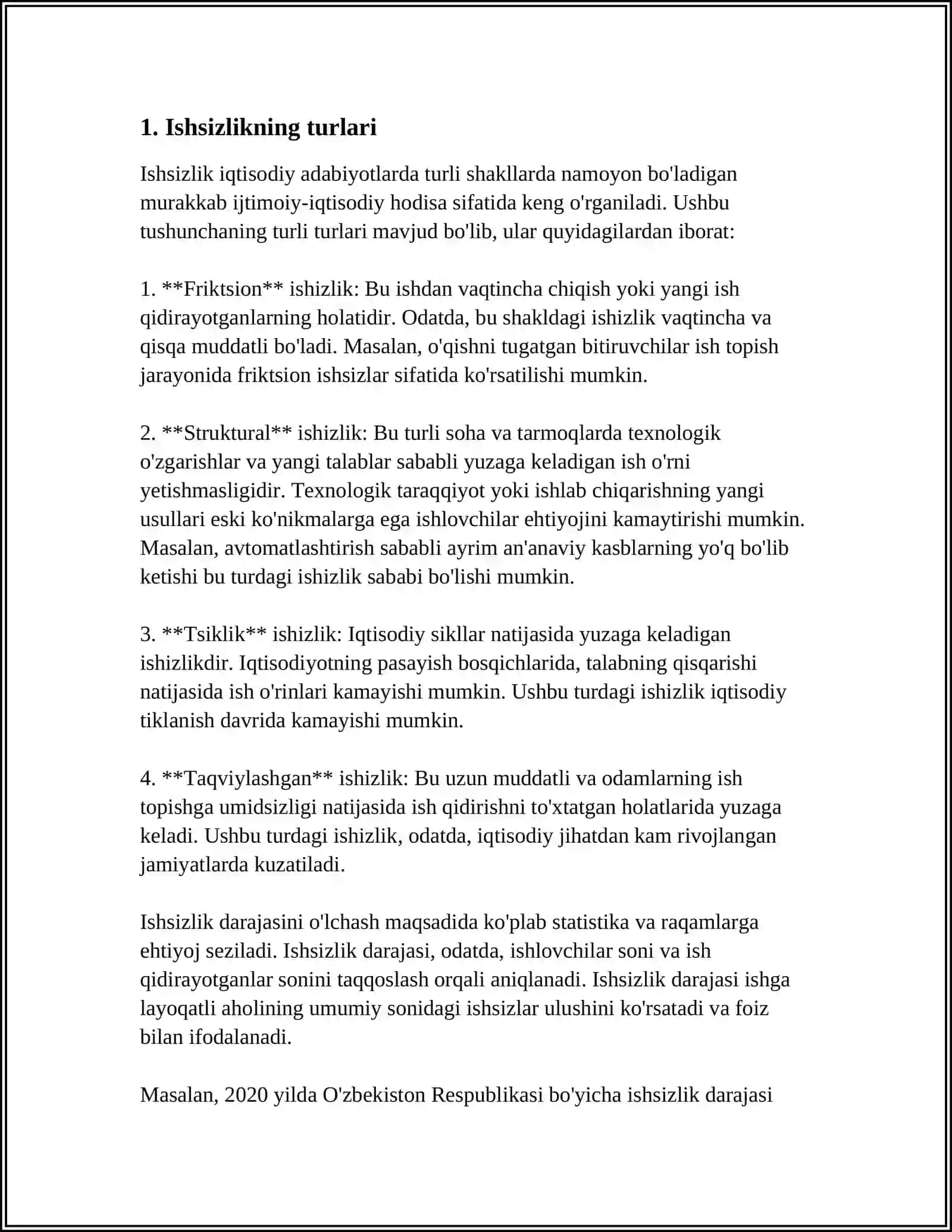 ISHSIZLIK TURLARI VA O'ZBEKISTONDA BANDLIK MUAMOLARI 3