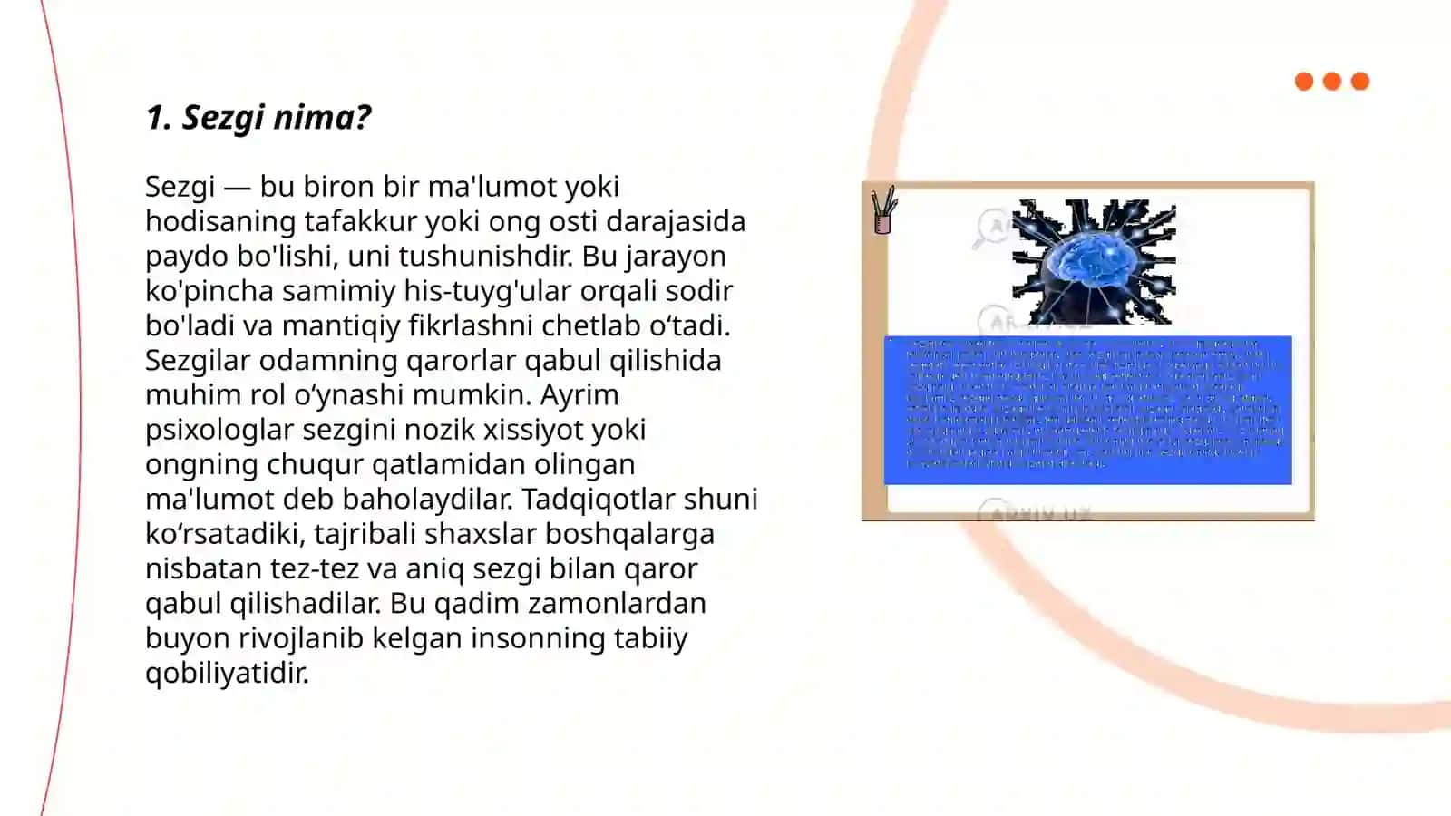 Sezgi haqida umumiy tushuncha sezgining nevrofiziologik xususiyatlari 3