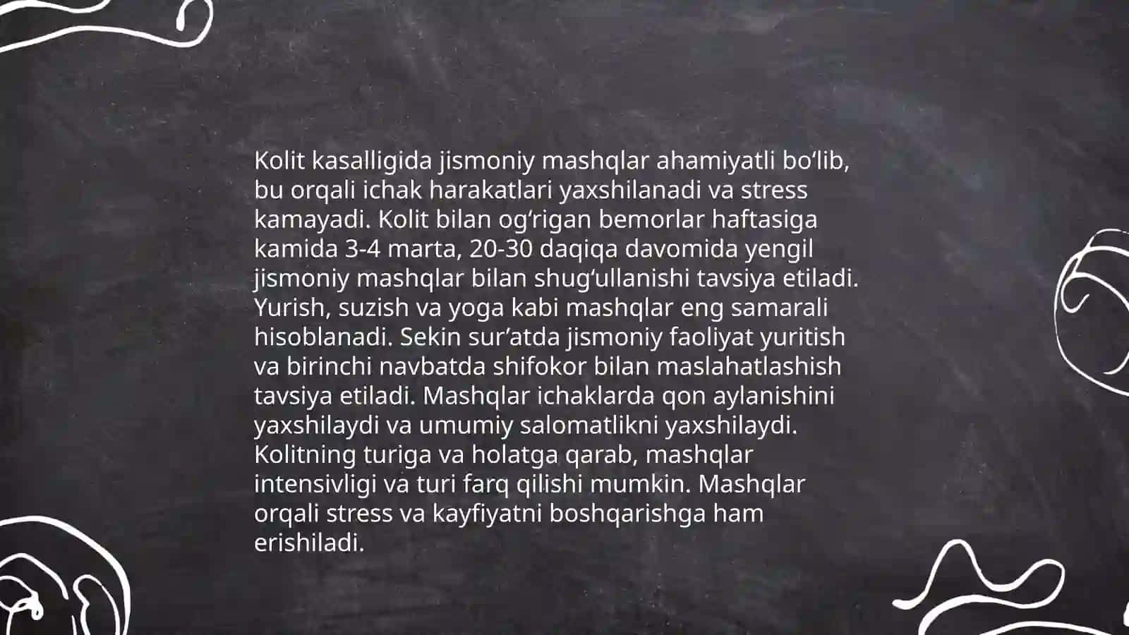 Kolit kasalligida jismoniy mashqlar majmuasini tuzish 3