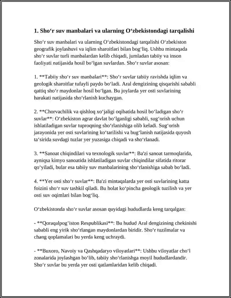 O‘ZBEKISTON SHAROITIDA SHO‘R SUVLARNI CHUCHUKLASHTIRISH G‘OYASI REFERAT 3