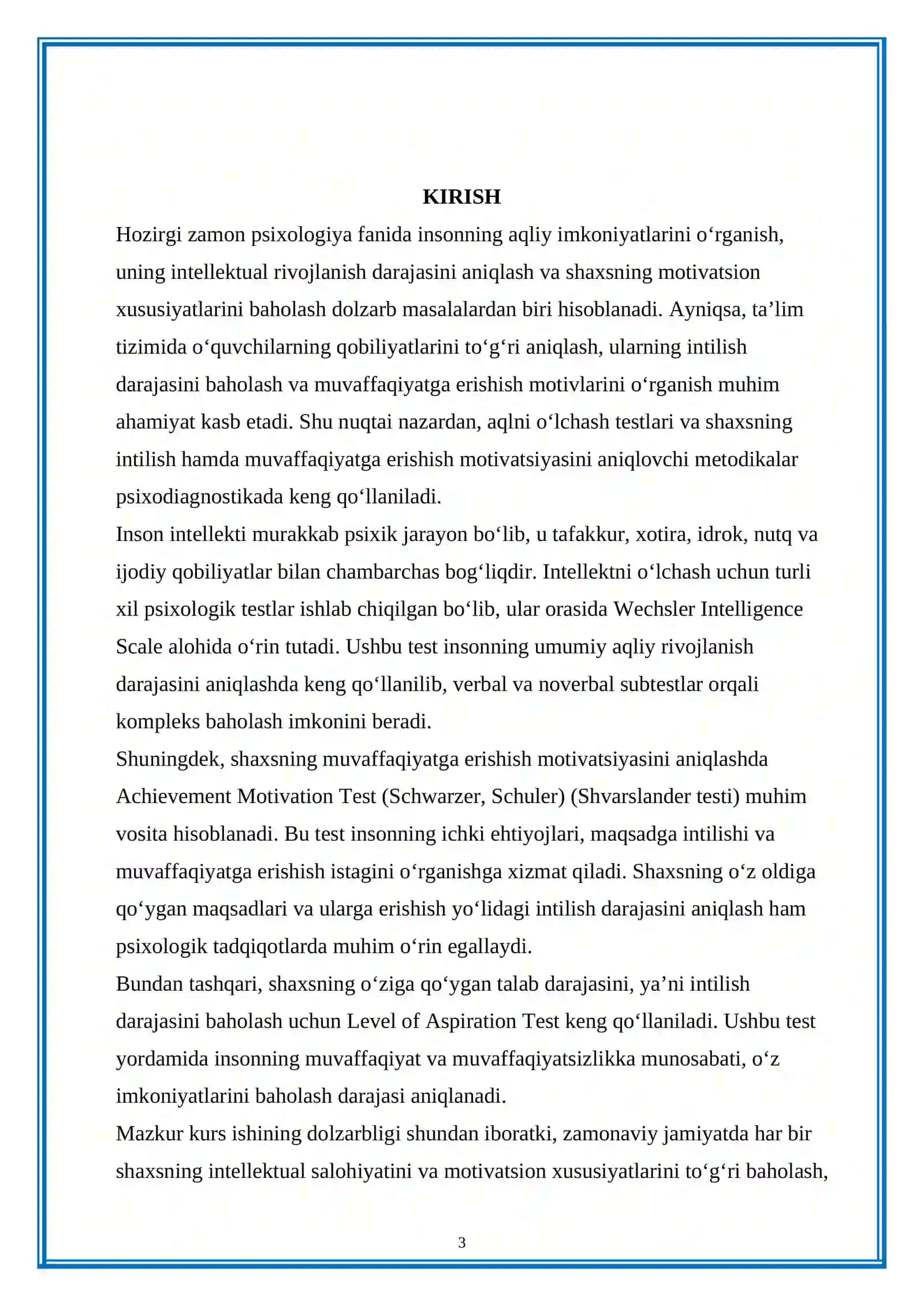 Aqlni o‘lchashning Veksler shkalasi. Shvarslanderning “Muvaffaqiyatga erishish” testi. “Intilish darajasini o‘lchash” testi 3