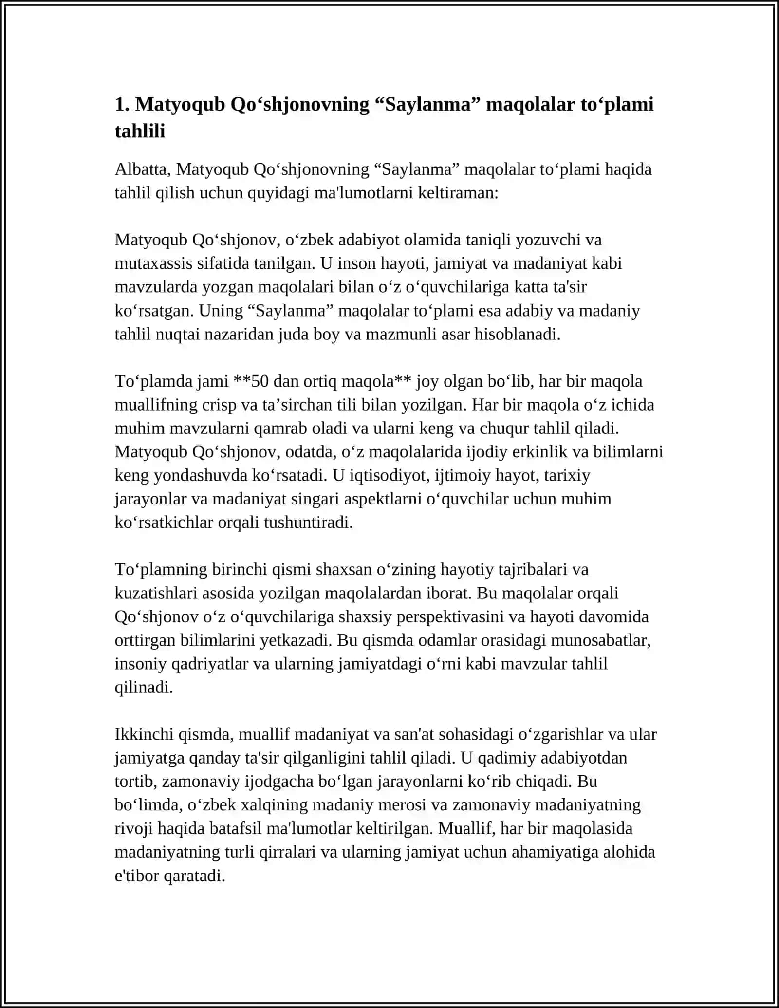 MATYOQUB QO‘SHJONOVNING “SAYLANMA” MAQOLALAR TO‘PLAMINI O‘QIB O‘ZLASHTIRISH, ADABIYOTDA ESTETIK KATEGORIYALAR” BOBINI KONSPEKTLASHTIRISH 3