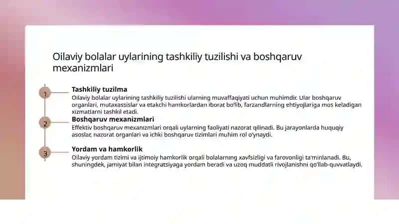 O'zbekistonda oilaviy bolalar uyini tashkil etilishi. 3