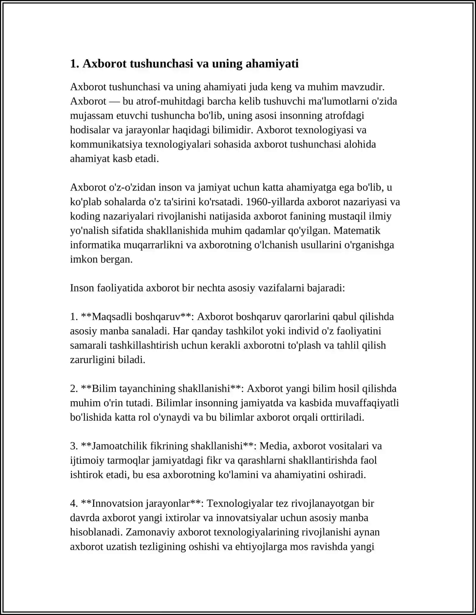 AXBOROT TUSHUNCHASI. AXBOROT MIQDORI. AXBOROTNING MAZMUNI VA FOYDALILIGI. DISKRET XABARLARNI SHOVQINSIZ VA SHOVQINLI KANAL ORQALI UZATISH 3