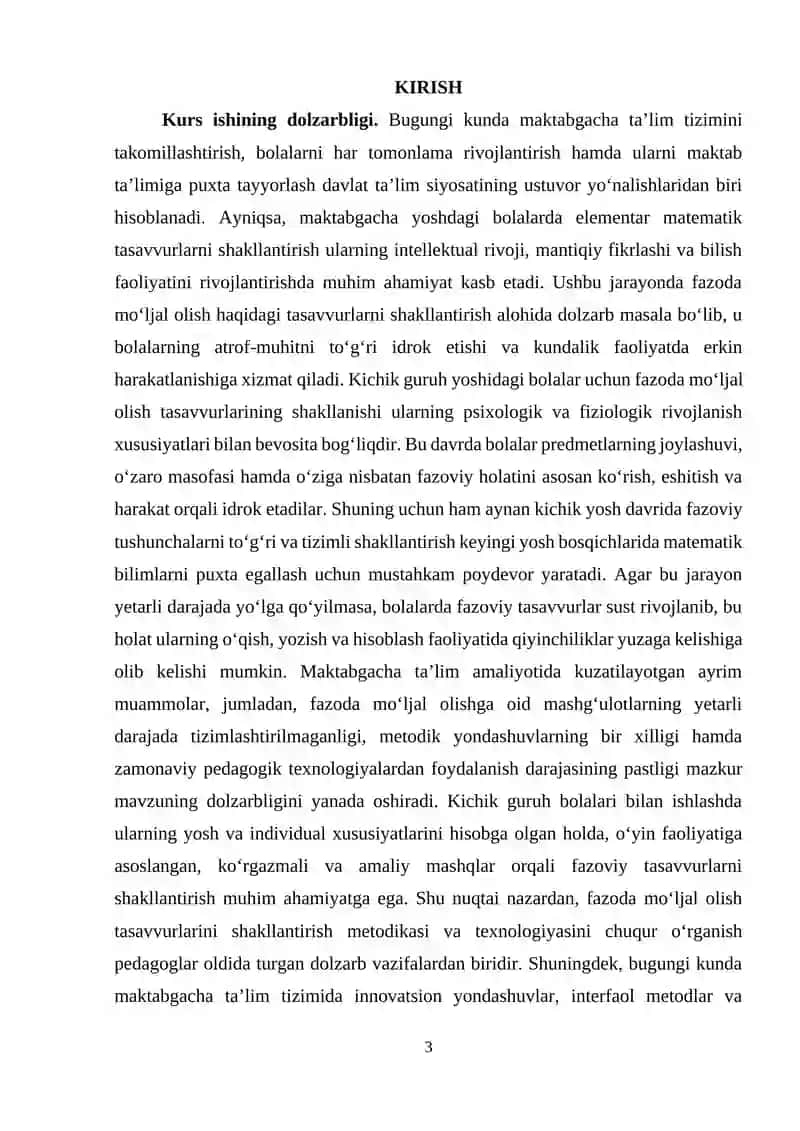 “Elementar matematik tasavvurlarni shakllantirish metodikasi” fanidan 3