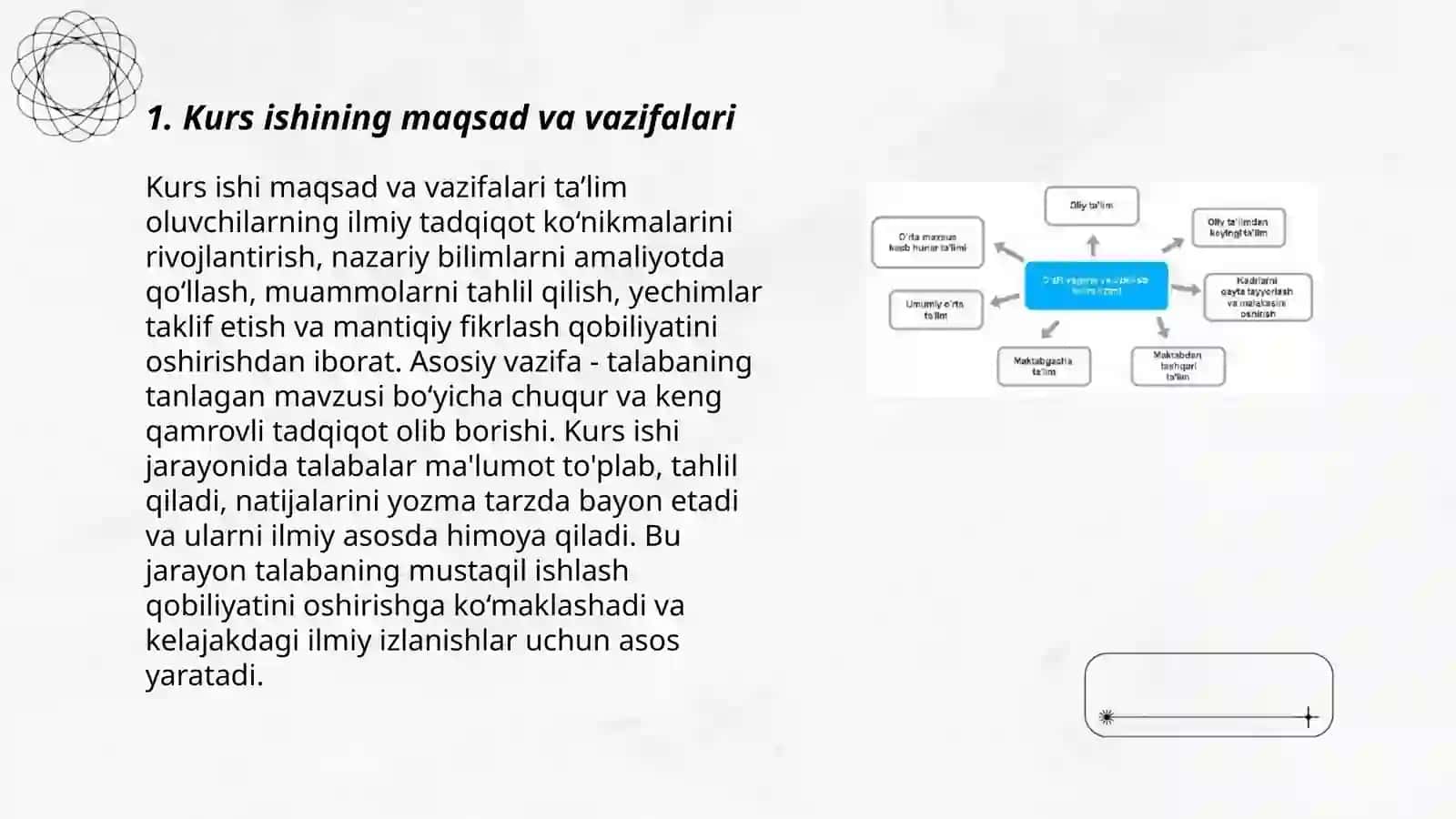 Kurs ish tarkibi va unga qoʻyilgan talablarni oʻrganish, yakunlash va baholash 3