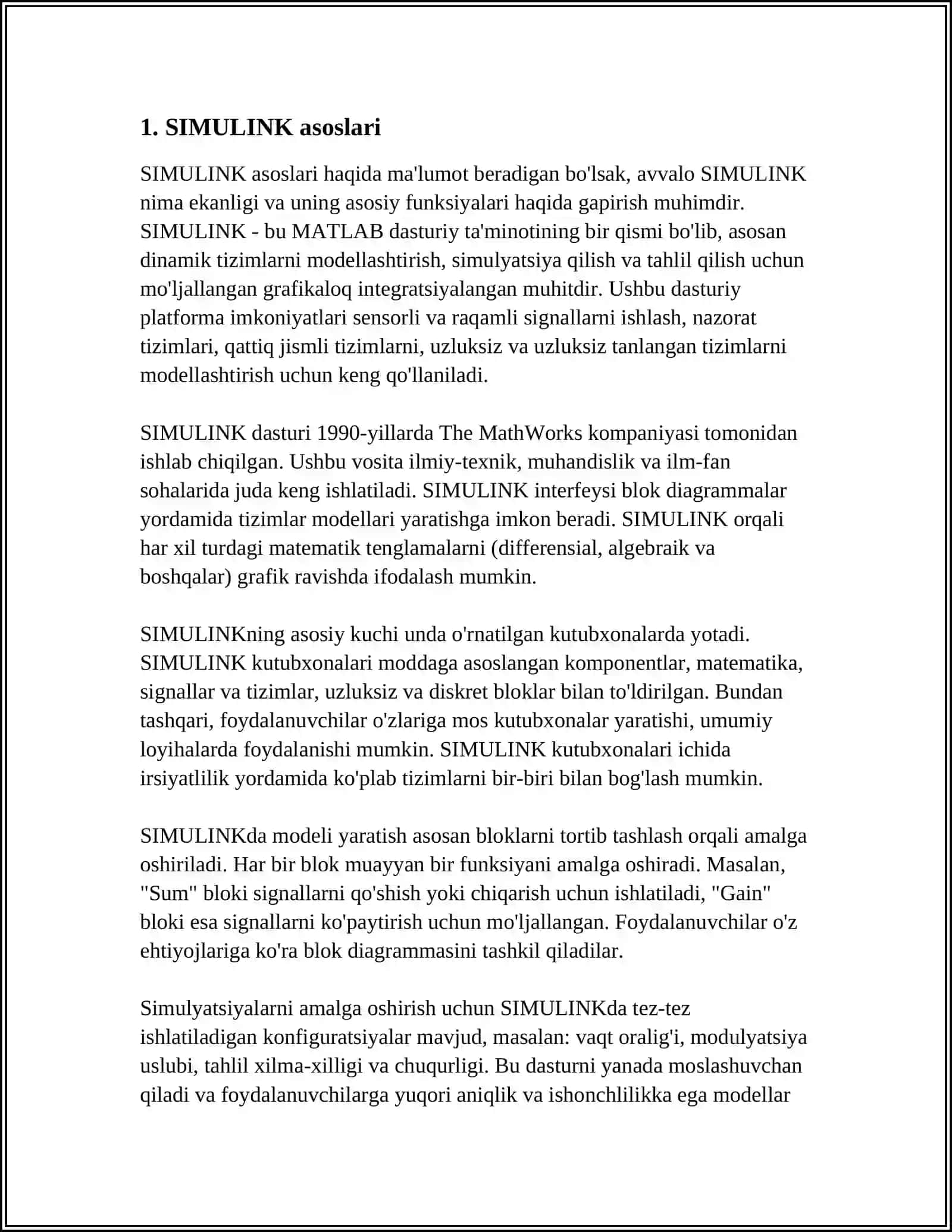 MATLAB DASTURIY PAKETIDAGI DASTURLAR. SIMULINK QISM DASTURIDAGI ELEMENTLAR VA SISTEMALARINI MODELLASHTIRISH 3