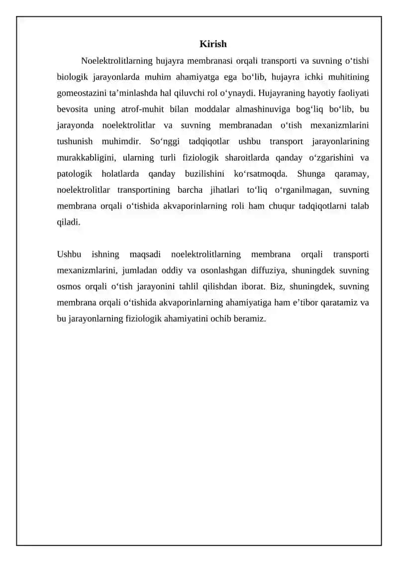 Noelektrolitlarning transporti; suvning membranadan o‘tishi 3