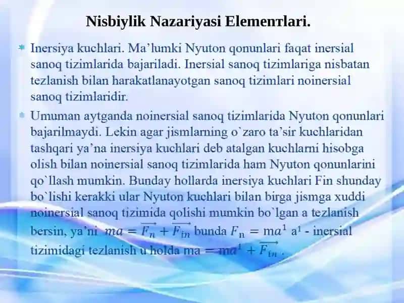 Inersiya kuchi, nisbiylik nazariyasi, klassik va relyativistik nisbiylik 3
