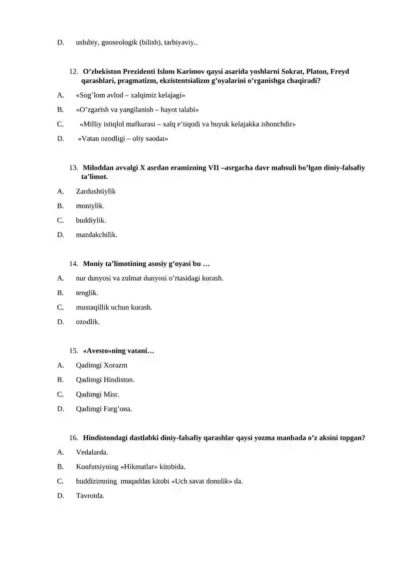 FALSAFADAN TEST SAVOLLARI 3