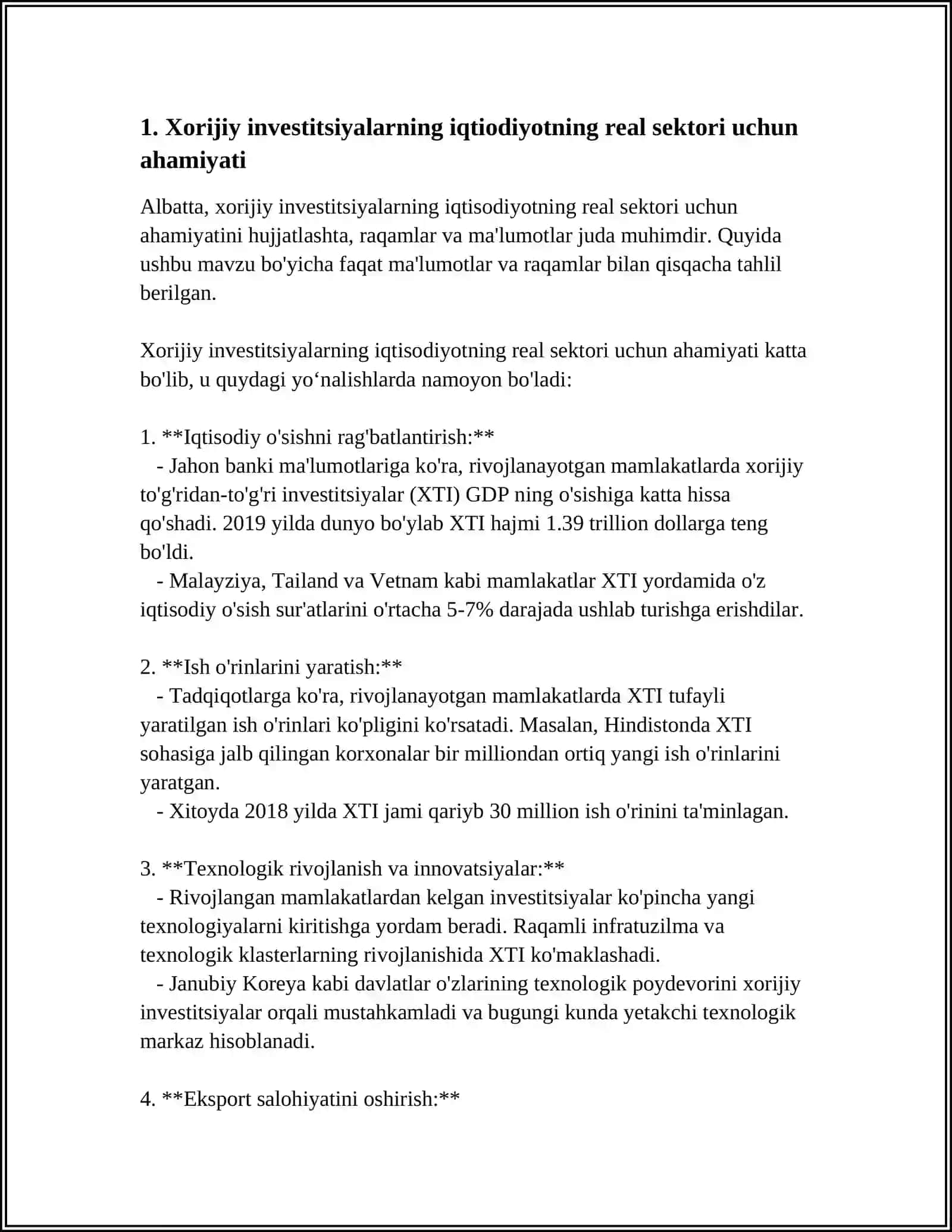 IQTISODIYOTNING REAL SEKTOR KORXONALARNI MOLIYALASHTIRISHDA XORIJIY INVESTITSIYALARNI JALB QILISH MUSTAQIL ISH 3