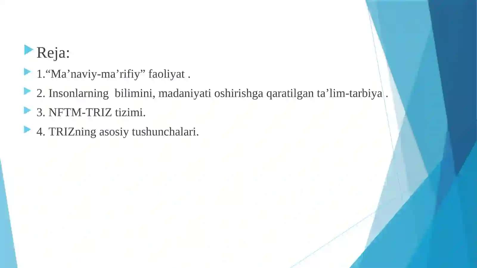 Oʻquvmashgʻulotlarivamaʼnaviy-maʼrifiytadbirlartashkiletiladiganauditoriya(joy)nijihozlashgakreativyondoshuv. NFTM-TRIZuzluksizkreativtaʼlimtiziminingkonseptualasoslarivamodeli.Ilmiyijodusullari.TRIZijodkorliktexnologiyasisifatida 3